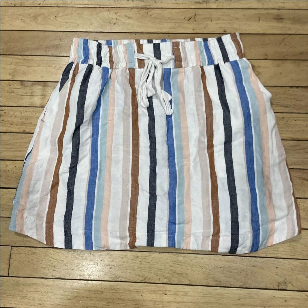 A NEW DAY Linen Mini Skirt M Women Rayon Multi Beige Striped Elastic Waistband